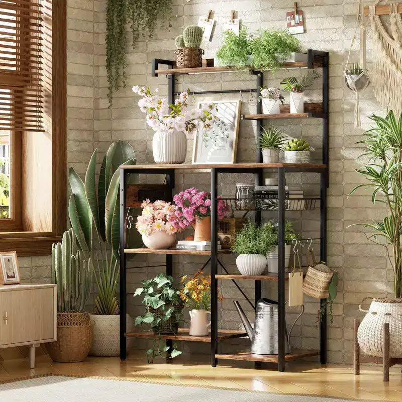 Kitchen Storage Shelf with 6-10 Hooks, Bakers Rack with Power Outlet