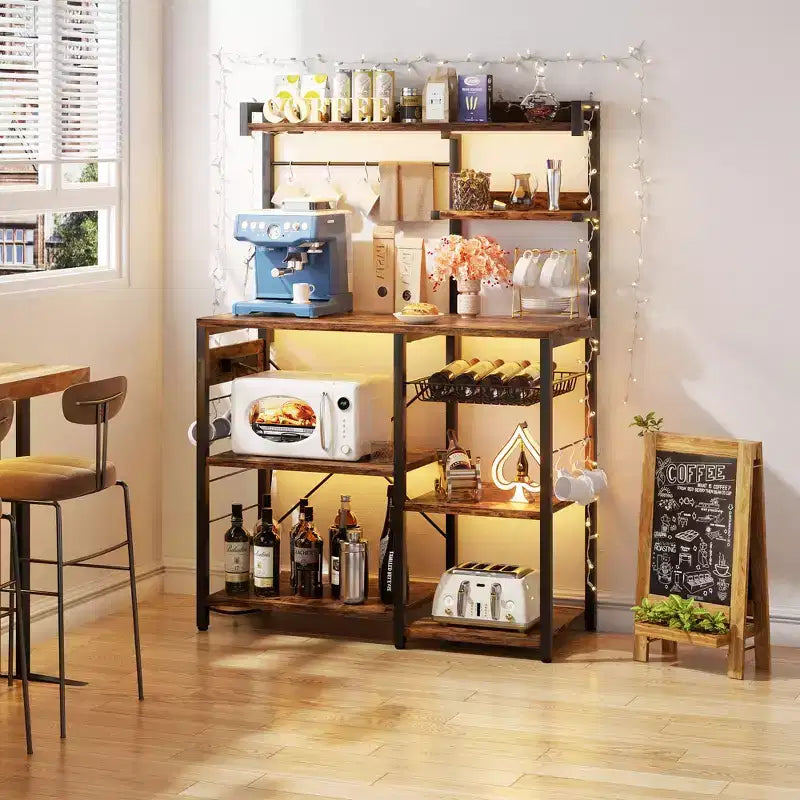 Kitchen Storage Shelf with 6-10 Hooks, Bakers Rack with Power Outlet