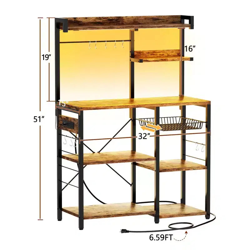 Kitchen Storage Shelf with 6-10 Hooks, Bakers Rack with Power Outlet