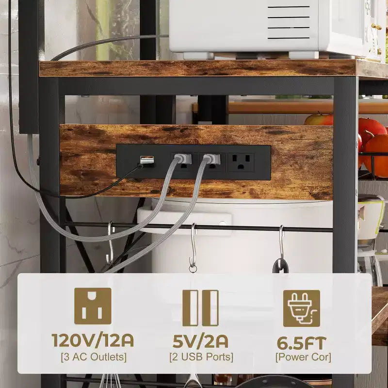 Kitchen Storage Shelf with 6-10 Hooks, Bakers Rack with Power Outlet