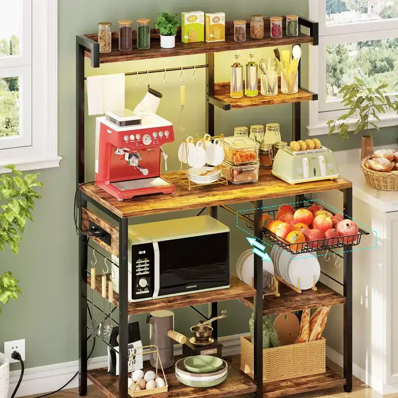 Besiost Kitchen Storage Shelf with 6-10Hooks, Bakers Rack with Power Outlet