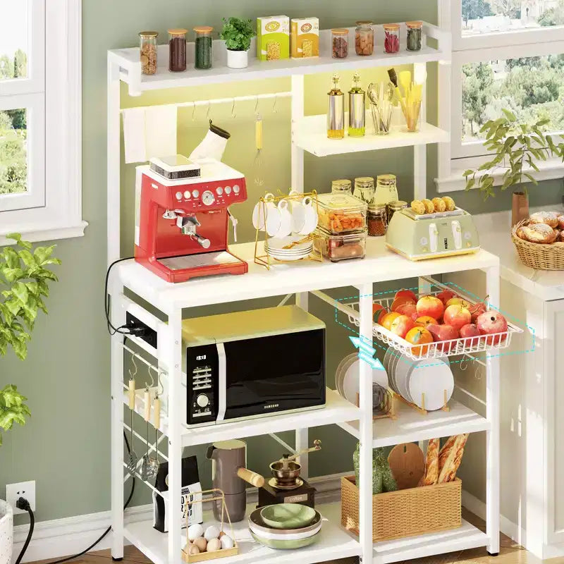 Kitchen Storage Shelf with 6-10 Hooks, Bakers Rack with Power Outlet