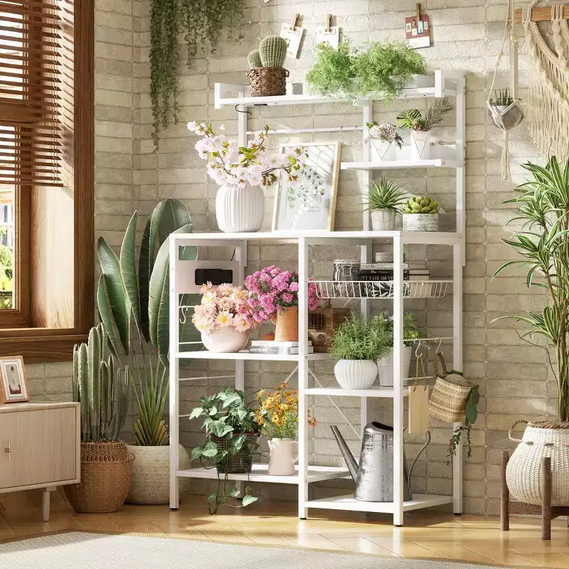 Kitchen Storage Shelf with 6-10 Hooks, Bakers Rack with Power Outlet