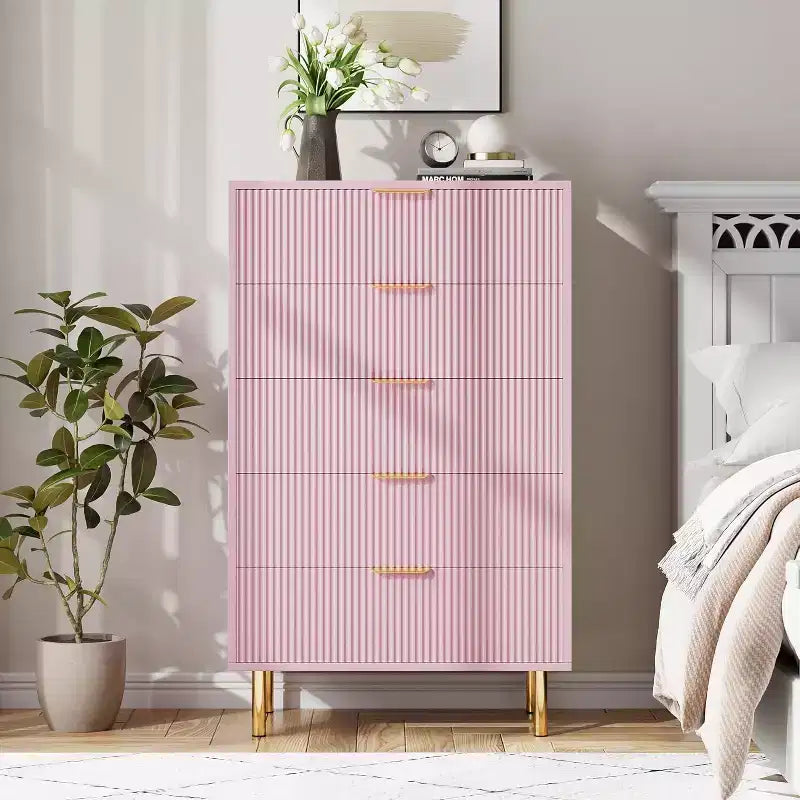 5-Drawer Dresser with Gold Handle – Wood Chest of Drawers for Bedroom & Living Room
