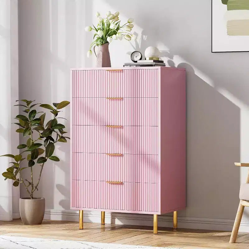 5-Drawer Dresser with Gold Handle – Wood Chest of Drawers for Bedroom & Living Room