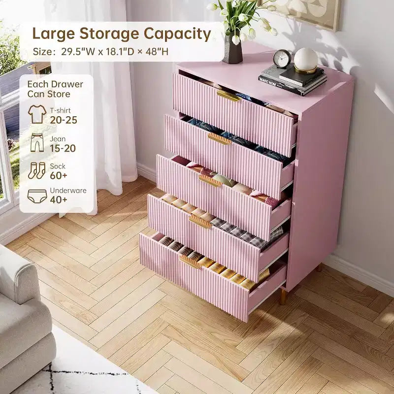 5-Drawer Dresser with Gold Handle – Wood Chest of Drawers for Bedroom & Living Room