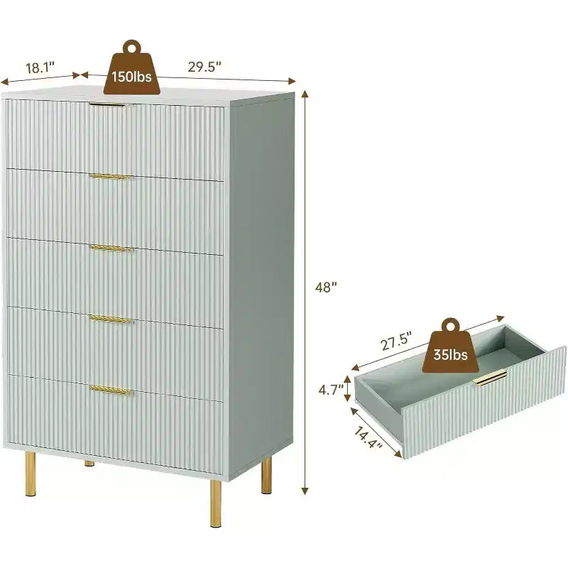 5-Drawer Dresser with Gold Handle – Wood Chest of Drawers for Bedroom & Living Room