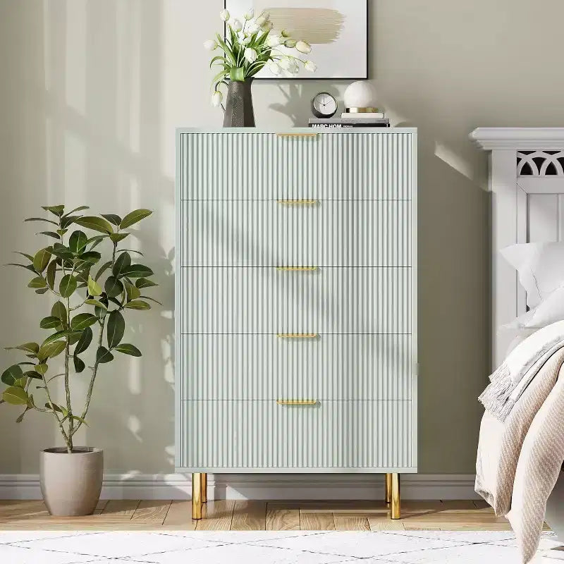 5-Drawer Dresser with Gold Handle – Wood Chest of Drawers for Bedroom & Living Room