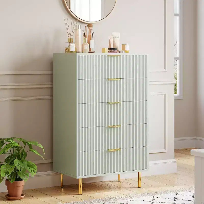 5-Drawer Dresser with Gold Handle – Wood Chest of Drawers for Bedroom & Living Room
