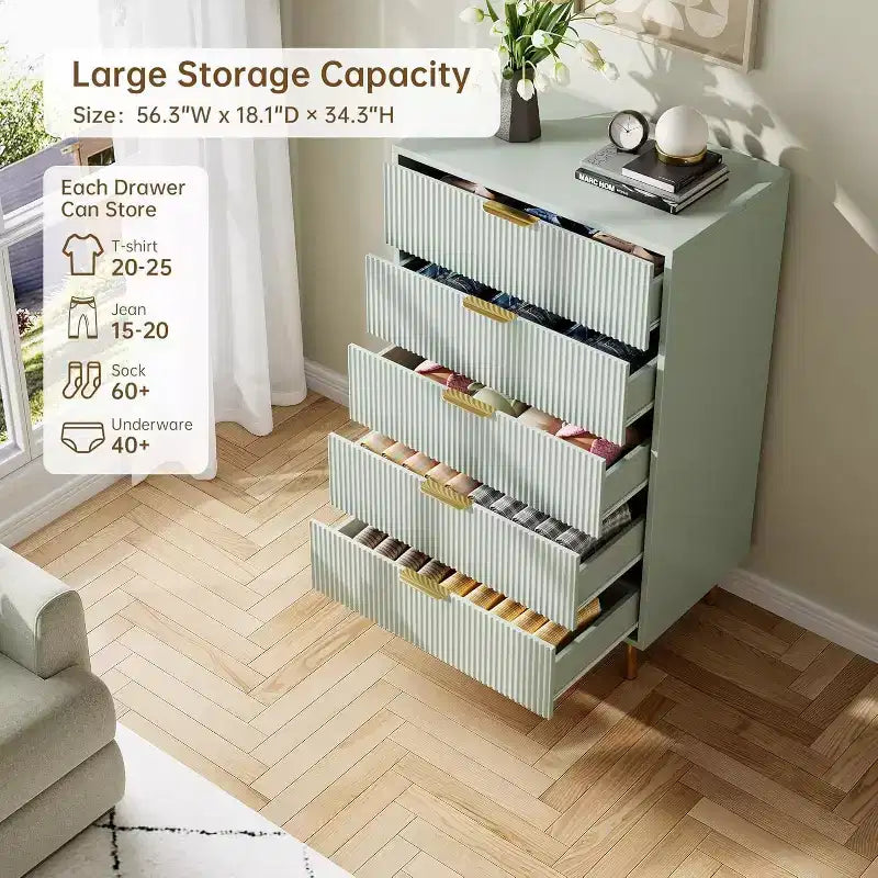 5-Drawer Dresser with Gold Handle – Wood Chest of Drawers for Bedroom & Living Room
