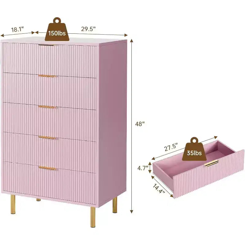 5-Drawer Dresser with Gold Handle – Wood Chest of Drawers for Bedroom & Living Room