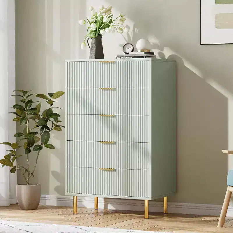 5 Drawer Dresser, Wood Chest of Drawers Organizer Storage with Gold Handle, Modern Design Dresser for Bedroom, Living Room