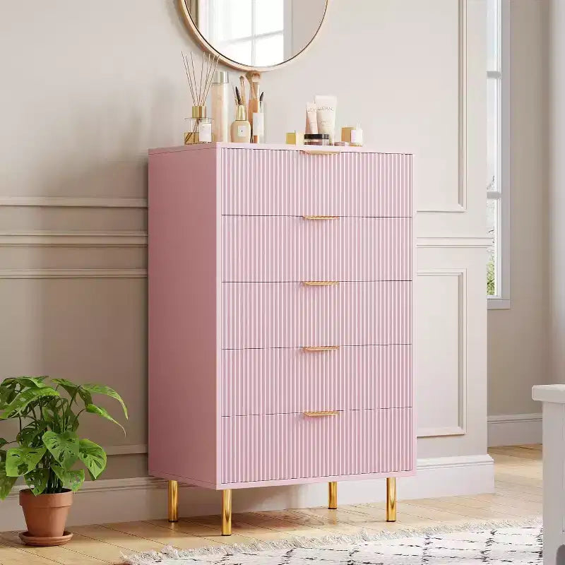 5-Drawer Dresser with Gold Handle – Wood Chest of Drawers for Bedroom & Living Room