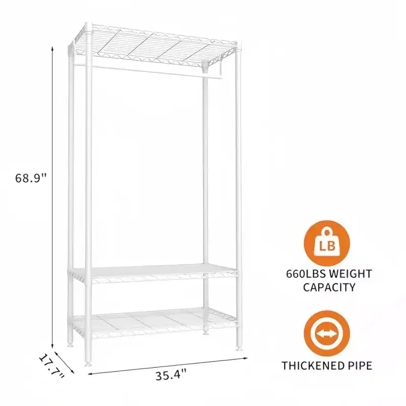 Metal Heavy Duty Garment Rack with Shelves, Adjustable Closet Organizer with 1 Hanger Rod, 35.4"W x 17.7"D x 68.9"H, White