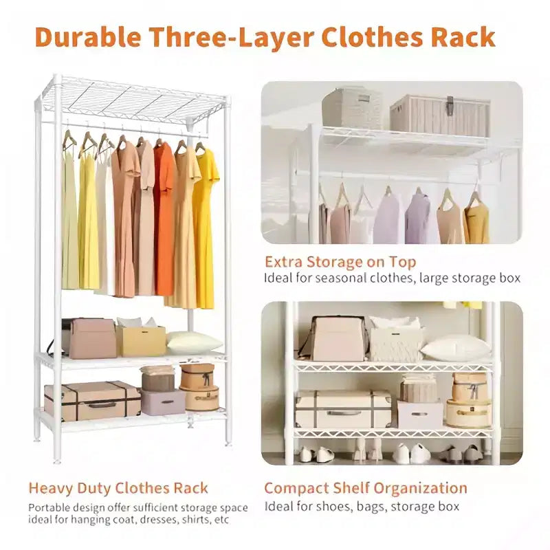 Metal Heavy Duty Garment Rack with Shelves, Adjustable Closet Organizer with 1 Hanger Rod, 35.4"W x 17.7"D x 68.9"H, White