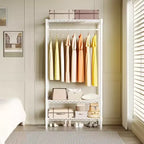 Portant à vêtements métallique robuste avec étagères, organisateur de placard réglable avec 1 tringle de suspension, 90 cm (L) x 45 cm (P) x 175 cm (H), blanc