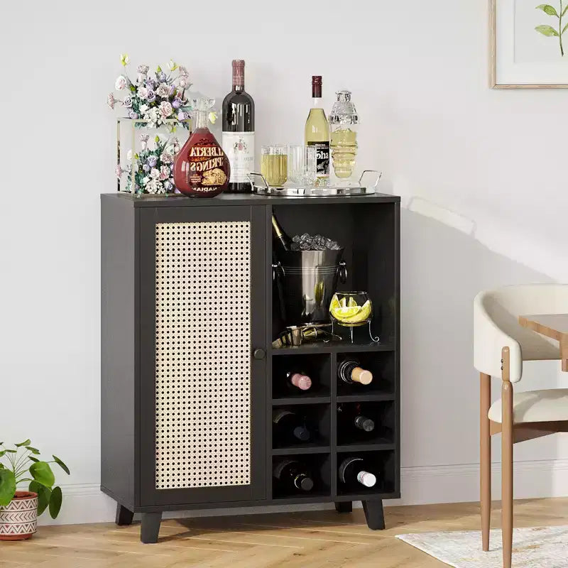 NAYSAYE 47 Bar Rail, Sideboard Cabinet, Storage Bar with Rose Racks Buffet Cabinet for Home Living Room Kitchen Entryway, Black, 15*27.5*33.8