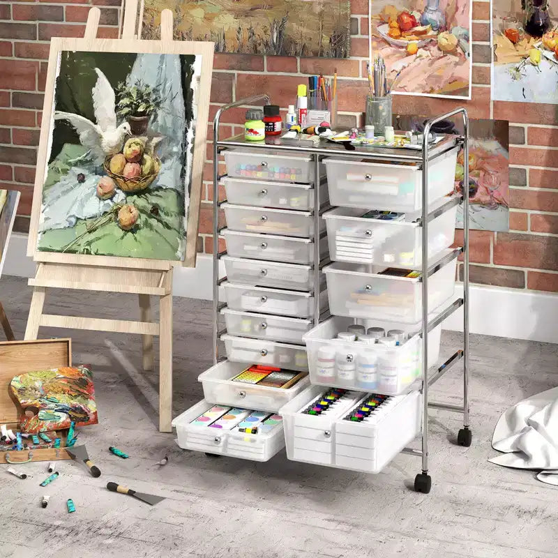 15-Drawer Trolley with Chrome Plated Metal Frame & Lockable Universal Wheels