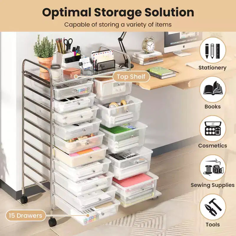 15-Drawer Trolley with Chrome Plated Metal Frame & Lockable Universal Wheels