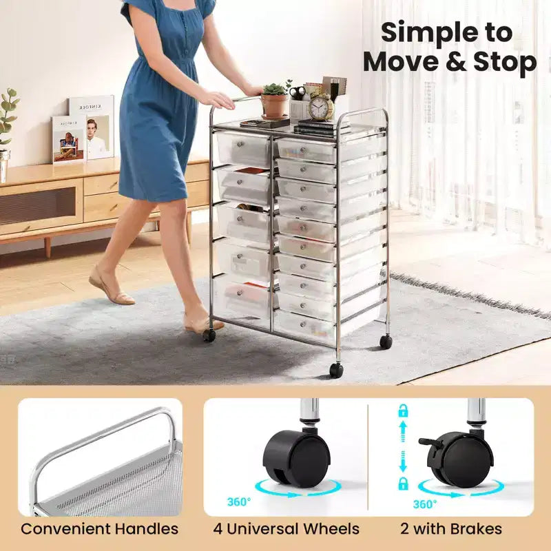15-Drawer Trolley with Chrome Plated Metal Frame & Lockable Universal Wheels