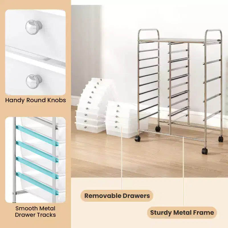 15-Drawer Trolley with Chrome Plated Metal Frame & Lockable Universal Wheels