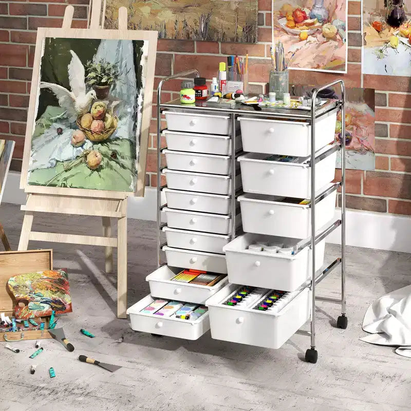 15-Drawer Trolley with Chrome Plated Metal Frame & Lockable Universal Wheels