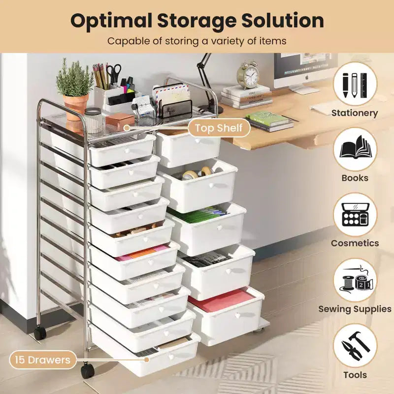 15-Drawer Trolley with Chrome Plated Metal Frame & Lockable Universal Wheels