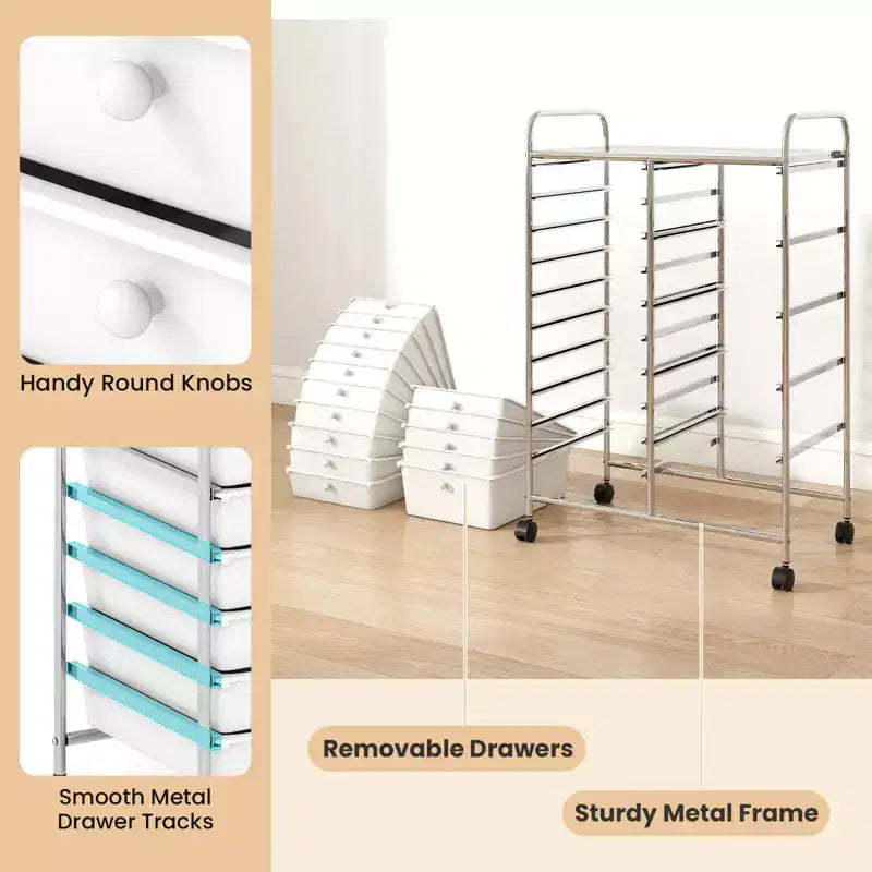 15-Drawer Trolley with Chrome Plated Metal Frame & Lockable Universal Wheels