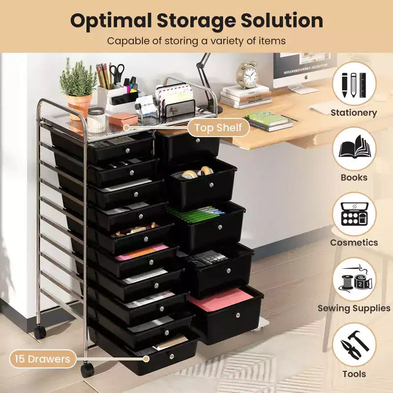 15-Drawer Trolley with Chrome Plated Metal Frame & Lockable Universal Wheels