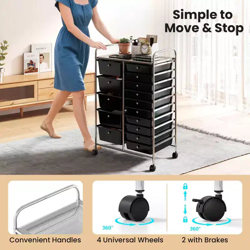 15-Drawer Trolley with Chrome Plated Metal Frame & Lockable Universal Wheels