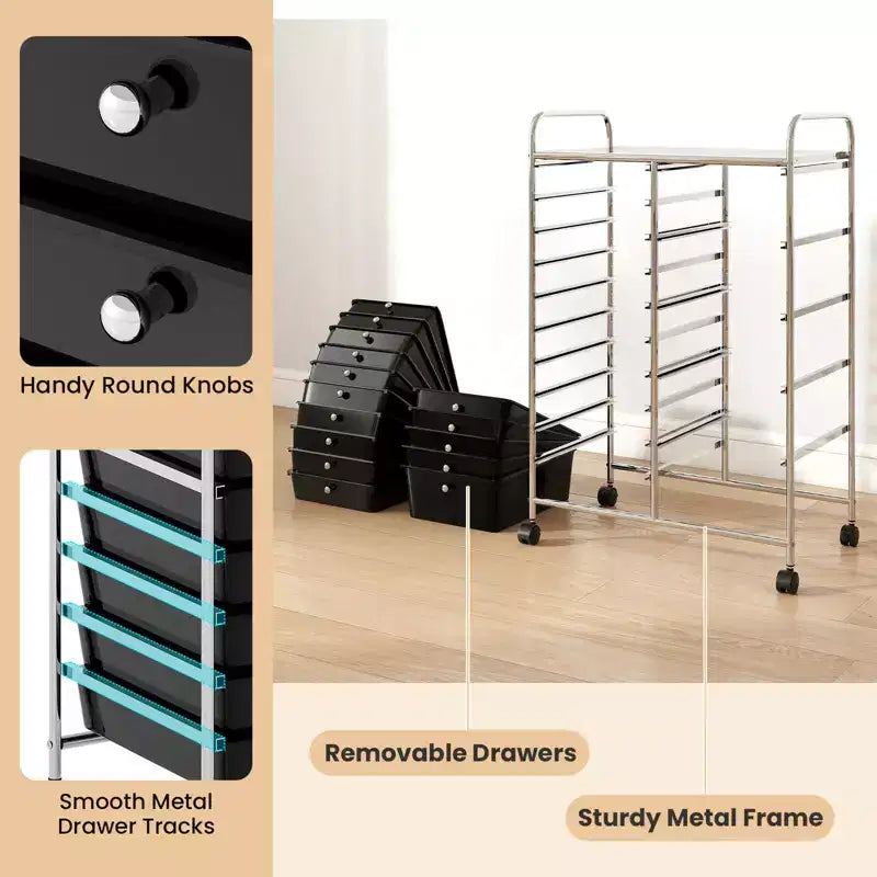 15-Drawer Trolley with Chrome Plated Metal Frame & Lockable Universal Wheels