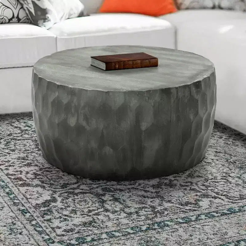 Royal Hampton Val 34 Inch Handcrafted Mango Wood Coffee Table, Hammered Round Drum Shape, Honeycomb,