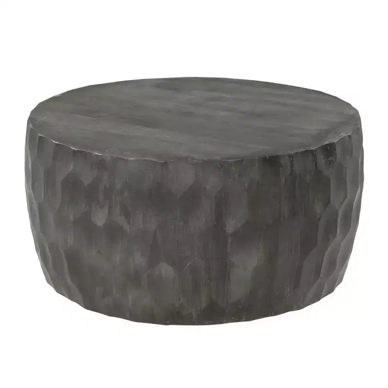 34 Inch Handcrafted Mango Wood Coffee Table, Hammered Round Drum Shape, Honeycomb