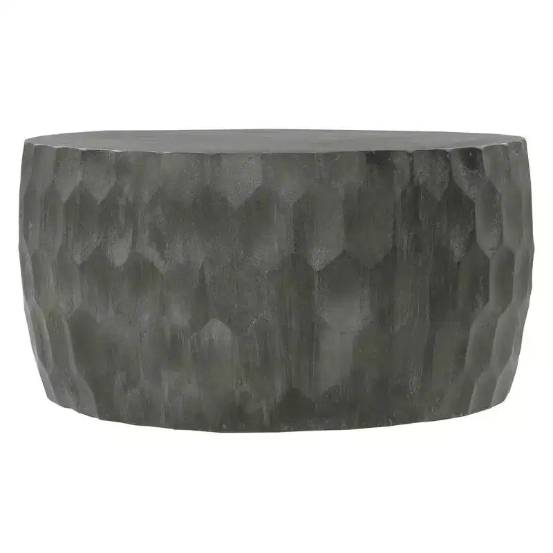 34 Inch Handcrafted Mango Wood Coffee Table, Hammered Round Drum Shape, Honeycomb