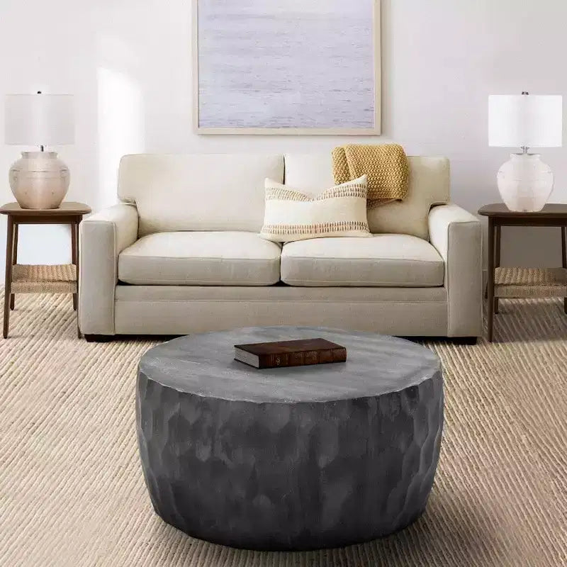 34 Inch Handcrafted Mango Wood Coffee Table, Hammered Round Drum Shape, Honeycomb