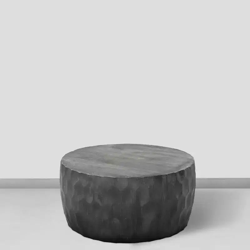 34 Inch Handcrafted Mango Wood Coffee Table, Hammered Round Drum Shape, Honeycomb
