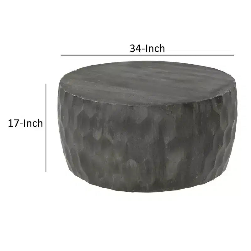 34 Inch Handcrafted Mango Wood Coffee Table, Hammered Round Drum Shape, Honeycomb