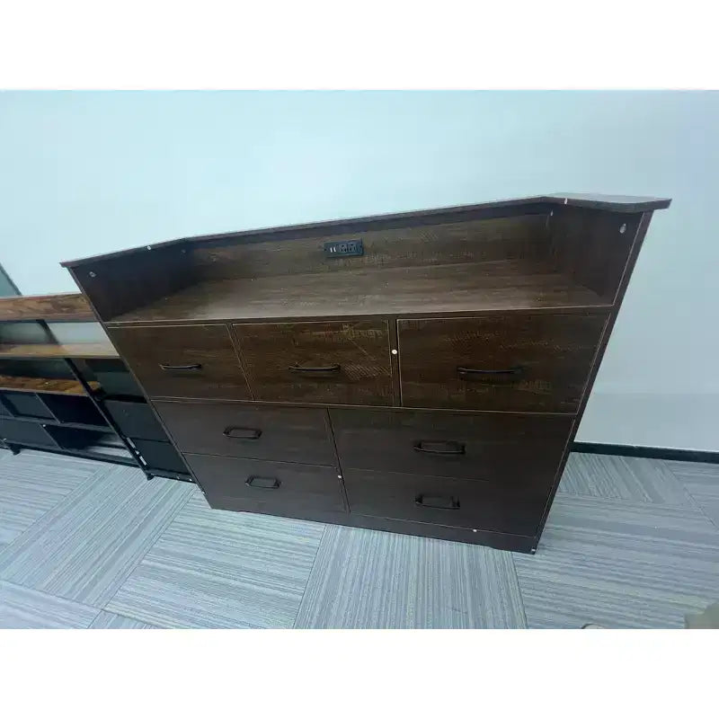 6-Drawer Wooden Dresser with LED Lights & Power Outlet, Modern Storage Chest with Smooth Gliding Drawers, 47x16x47 inch, Black Wood Grain