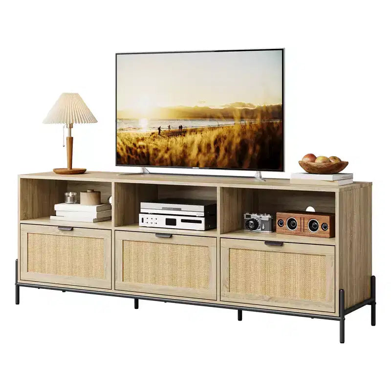 TV cabinet for entertainment centres with storage functionality Rattan multimedia cabinet featuring two doors Wooden stand for the living room