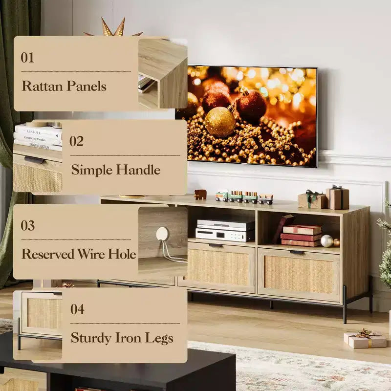 TV Cabinet with Storage - Two Doors Wooden Stand for Living Room