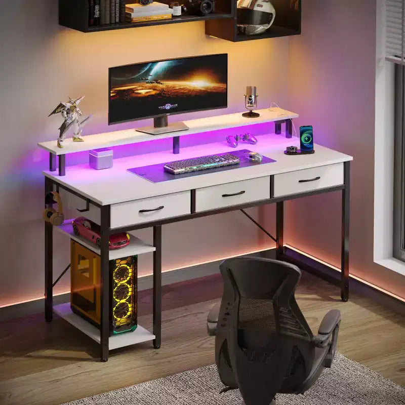 39/47/55 Inch Storage Computer Desk with Monitor Stand, LED Light & Power Outlet