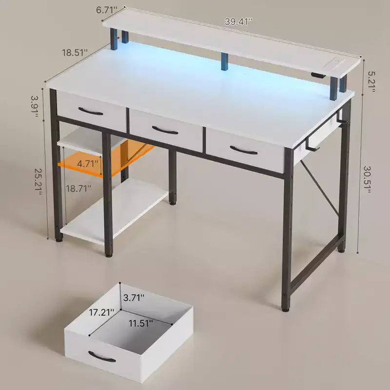 39/47/55 Inch Storage Computer Desk with Monitor Stand, LED Light & Power Outlet