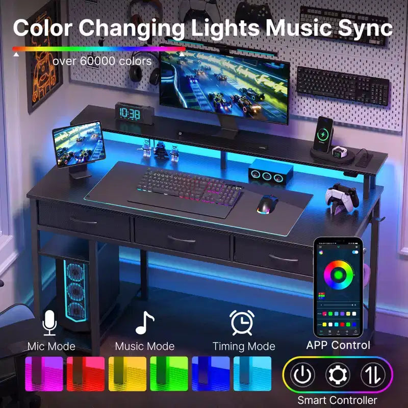 39/47/55 Inch Storage Computer Desk with Monitor Stand, LED Light & Power Outlet