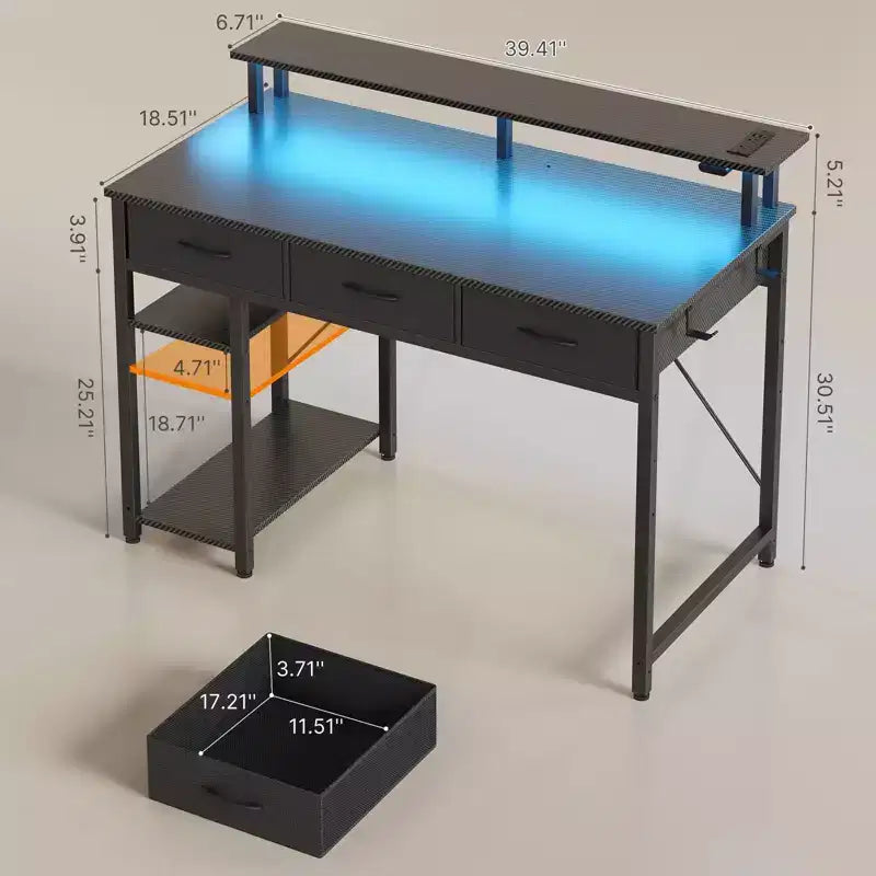 39/47/55 Inch Storage Computer Desk with Monitor Stand, LED Light & Power Outlet