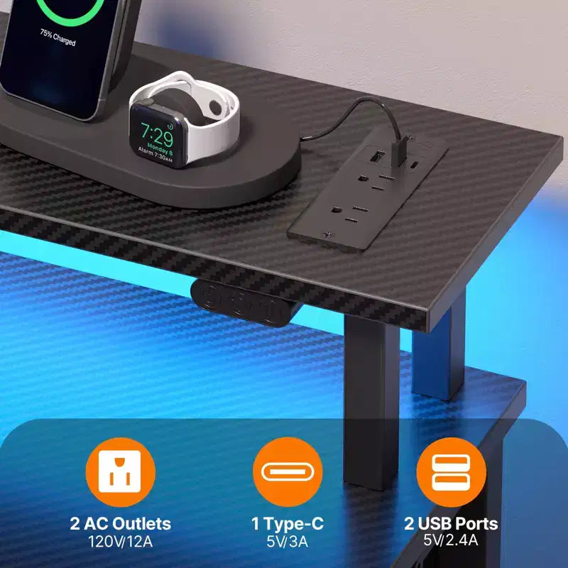 39/47/55 Inch Storage Computer Desk with Monitor Stand, LED Light & Power Outlet