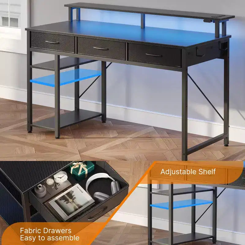39/47/55 Inch Storage Computer Desk with Monitor Stand, LED Light & Power Outlet