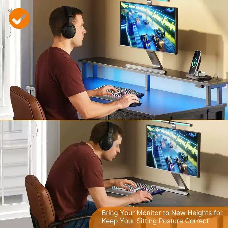39/47/55 Inch Storage Computer Desk with Monitor Stand, LED Light & Power Outlet