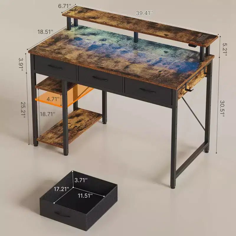 39/47/55 Inch Storage Computer Desk with Monitor Stand, LED Light & Power Outlet