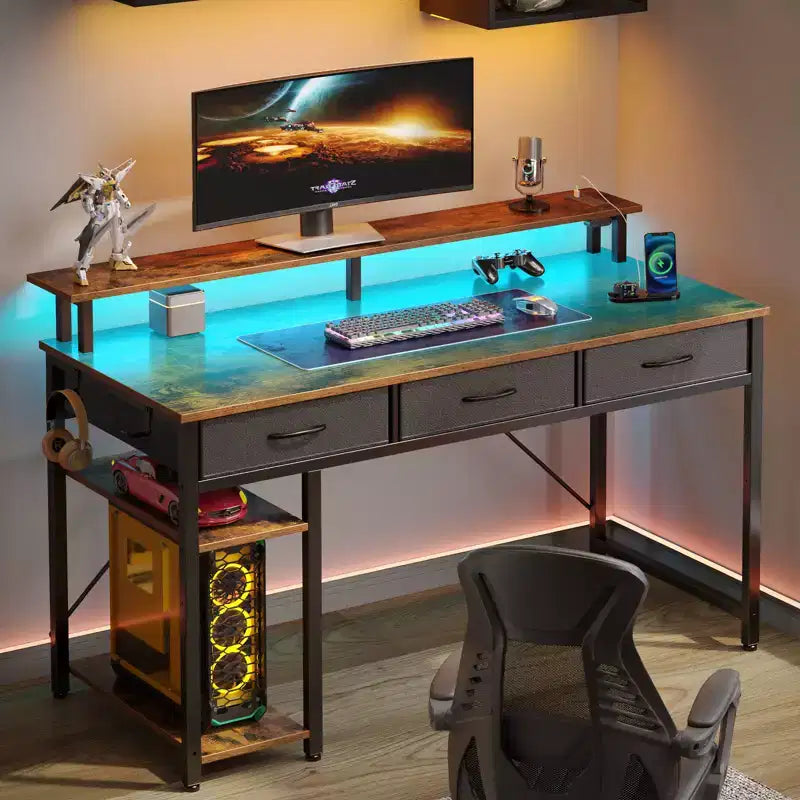 39/47/55 Inch Storage Computer Desk with Monitor Stand, LED Light & Power Outlet
