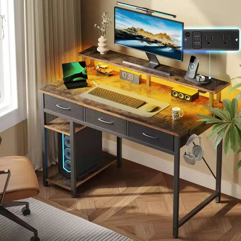 39/47/55 Inch Storage Computer Desk with Monitor Stand, LED Light & Power Outlet